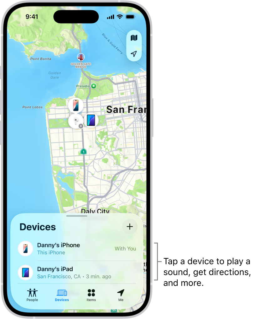 An Apple iPad displaying the Find My app interface, showing a list of connected Apple devices and their corresponding locations on a map.