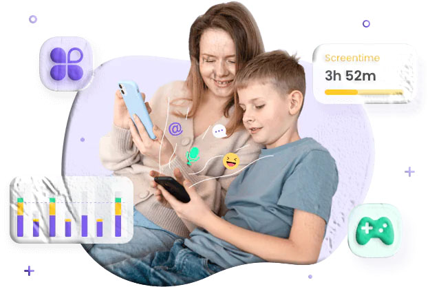 Family sitting at a table discussing a screen time plan with a tablet showing a weekly schedule