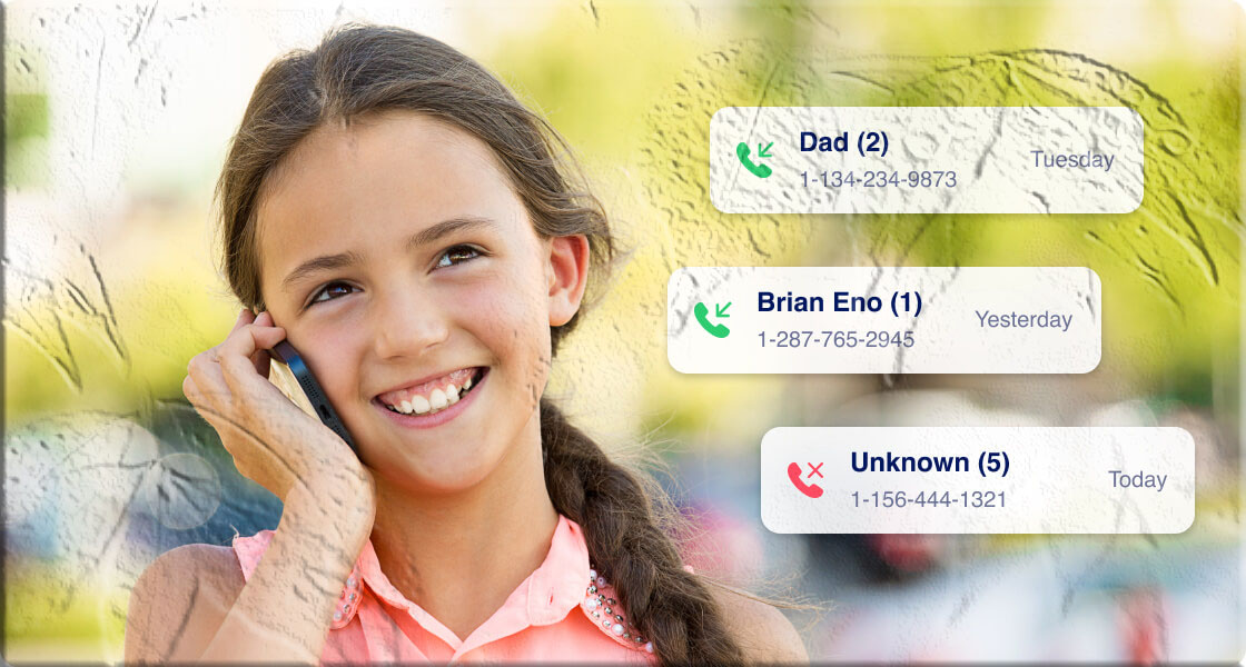 Parent reviewing a phone call log on a tablet showing timestamps and durations