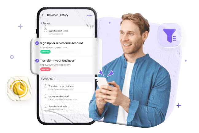 Parent viewing a child’s browser history on a tablet showing visited URLs and timestamps